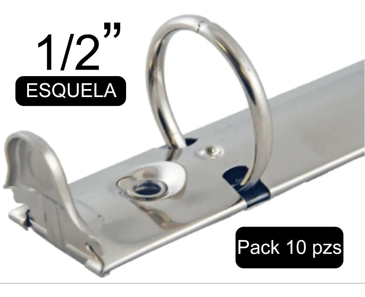 Herraje tamaño esquela de 216 mm con tres argollas circulares de 1/2 pulgada, base de 20 mm, y acabado níquel (plateado). Ideal para carpetas y artículos de oficina.
 Herraje tamaño esquela de 216 mm con tres argollas circulares de 1/2 pulgada, base de 20 mm, y acabado níquel (plateado). Ideal para carpetas y artículos de oficina.